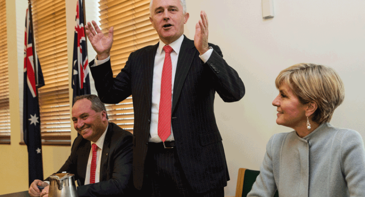Barnaby Joyce, Malcolm Turnbull and Julie Bishop in the party room this morning