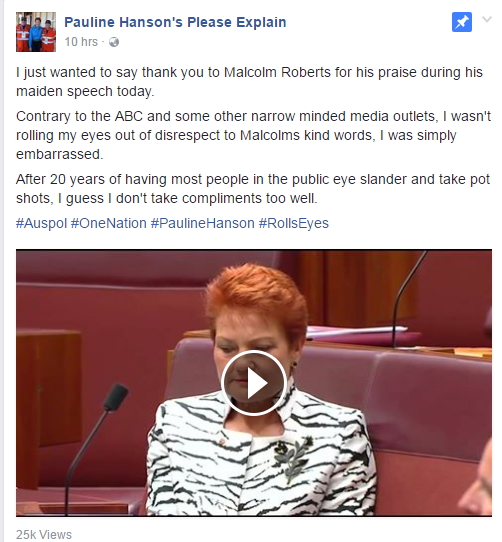 Pauline Hanson facebook post