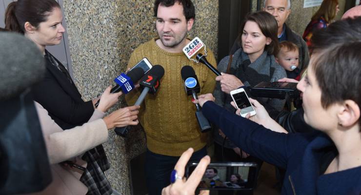 Court reporters interview Shaun Carter outside the Supreme Court of NSW