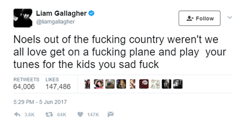 Liam Gallagher tweet Noel Manchester