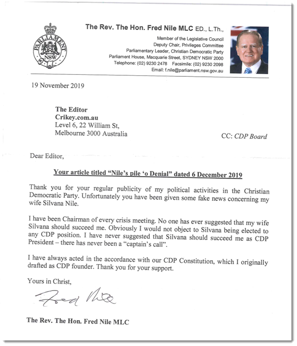 Fred Nile letter newsletter copy