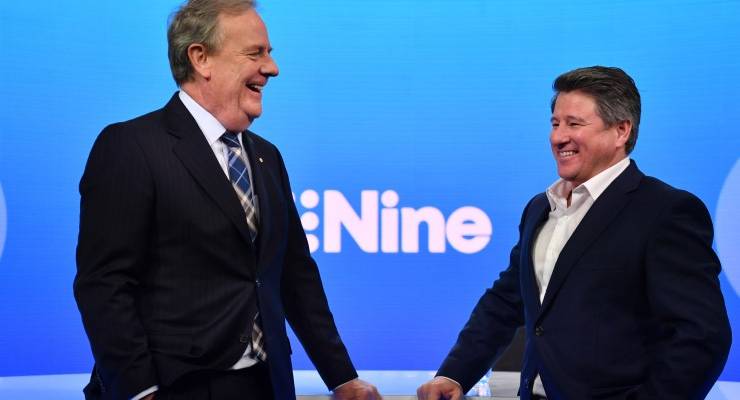Nine CEO Mike Sneesby (right) with Nine chairman Peter Costello (left)