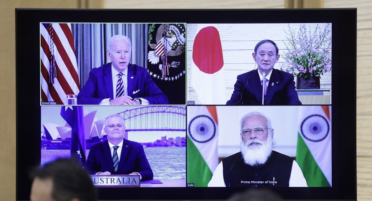 e Biden, Yoshihide Suga, Scott Morrison and Narendra Modi during the virtual Quadrilateral Security Dialogue quad