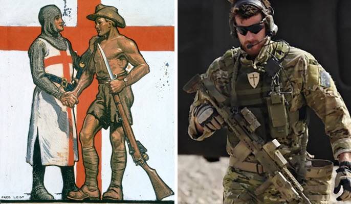 An image of Ben Roberts-Smith with crusader patch showing, and a piece of art commemorating Australian World War I soldiers (Images: Australian War Memorial; ADF)