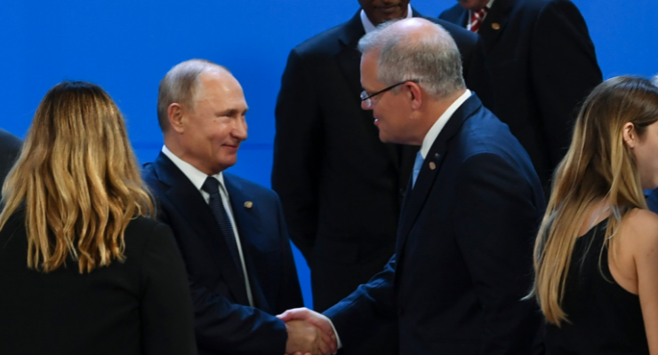 Scott Morrison with Vladimir Putin at the G20 summit in 2018 (Image: Lukas Coch/AAP)