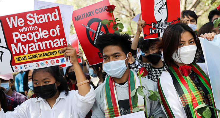 Myanmar citizens in India protesting (Image: AAP/REUTERS/Anushree Fadnavis)
