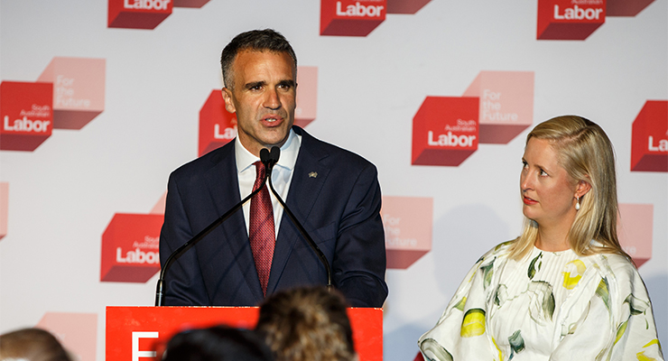 Peter Malinauskas, with his wife Annabel, makes his victory speech (Image: AAP/Matt Turner)