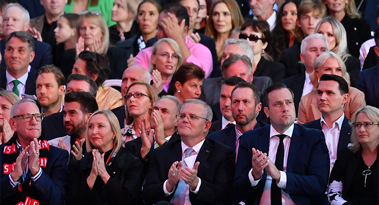 Scott Morrison and others attending Shane Warne's state memorial at the MCG (Image: AAP/Joel Carrett)
