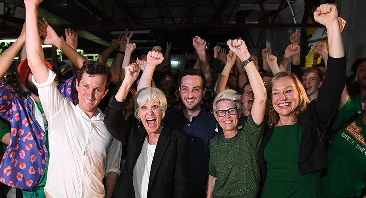 Greens candidates Max Chandler-Mather, Elizabeth Watson-Brown , Stephen Bates, Senate candidate Penny Allman-Payne and Senator Larissa Waters (Image: AAP/Darren England)