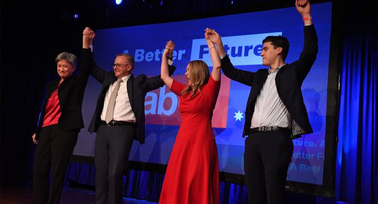 Prime Minister Anthony Albanese arrives with Senator Penny Wong, partner Jodie Haydon and son Nathan (Image: AAP/Lukas Coch)