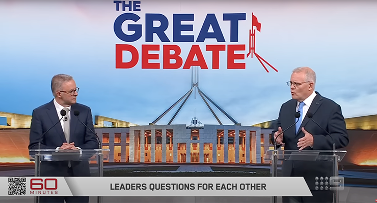 Anthony Albanese and Scott Morrison during the second leaders debate (Image: Nine/60 Minutes)