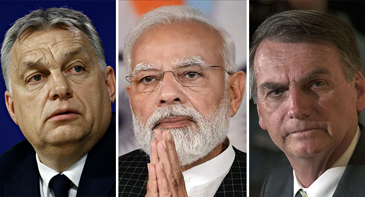 Viktor Orbán of Hungary, Narendra Modi of India, and Jair Bolsonaro of Brazil (Images: Supplied)