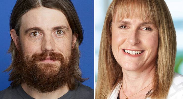 Mike Cannon-Brookes and outgoing AGL non-executive board director Jacqueline Hey (Images: Atlassian/AGL)