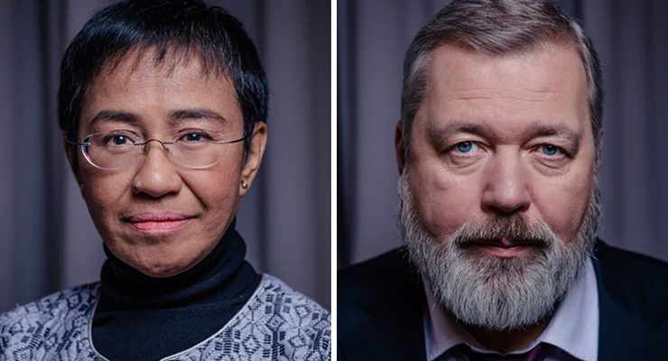 Journalists Maria Ressa and Dmitry Muratov (Image: Nobel Prize Outreach/Geir Anders Rybakken Ørslien)
