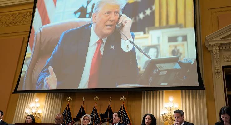 An image of former president Donald Trump is projected during yesterday's January 6 Committee hearing (Image: AAP/Jack Gruber-USA Today/Sipa USA)