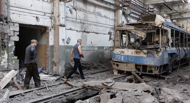 A view of a public transport depot damaged by shelling in Alchevsk, Ukraine, July 16 2022 (Image: AAP/Stanislav Krasilnikov/TASS/Sipa USA)