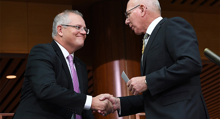 David Hurley with Scott Morrison after being sworn in as the governor-general, July 2019 (Image: AAP/Getty Images/Tracey Nearmy)
