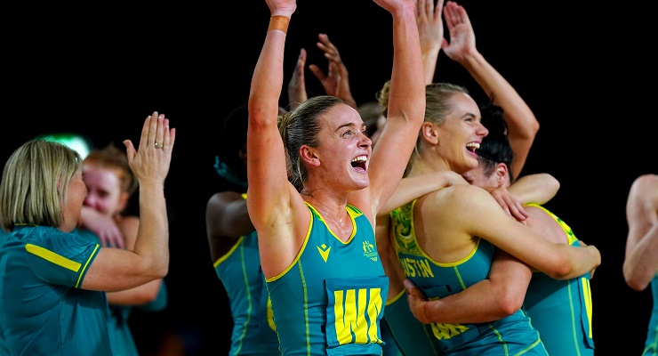 Liz Watson celebrates Australia's gold medal win netball win at the 2022 Commonwealth Games (Image: AAP/PA Wire/Mike Egerton)
