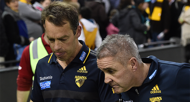 Former Hawthorn Hawks coach Alastair Clarkson (left) and former assistant coach Chris Fagan in 2015 (Image: AAP/Julian Smith)