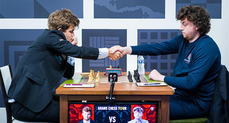 Magnus Carlsen (left) playing Hans Niemann (right) in the 2022 Sinquefield Cup (Image: Lennart Ootes/Saint Louis Chess Club)