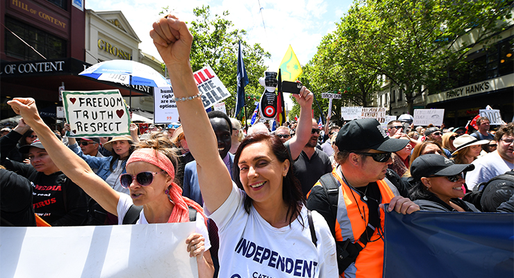 Catherine Cumming in a freedom protest against mandatory vaccinations and lockdown measures, 2021 (Image: AAP/James Ross)