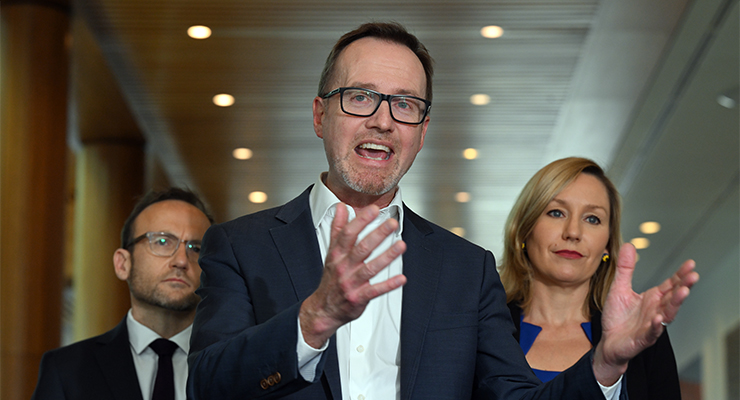 Greens Senator David Shoebridge (centre) with Greens Leader Adam Bandt and Greens Senator Larissa Waters (Image: AAP/Mick Tsikas)