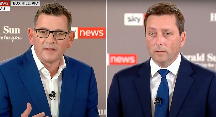 Daniel Andrews and Matthew Guy during Sky News debate (Image: Sky News/YouTube)
