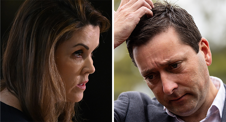 Sky News host Peta Credlin and exiting Liberals leader Matthew Guy (Images: AAP)