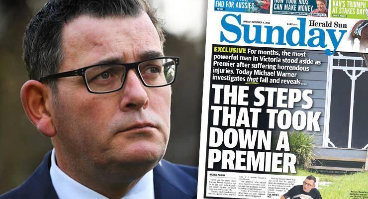 Victorian Premier Dan Andrews and the Herald Sun front-page story (Image: AAP/Herald Sun)