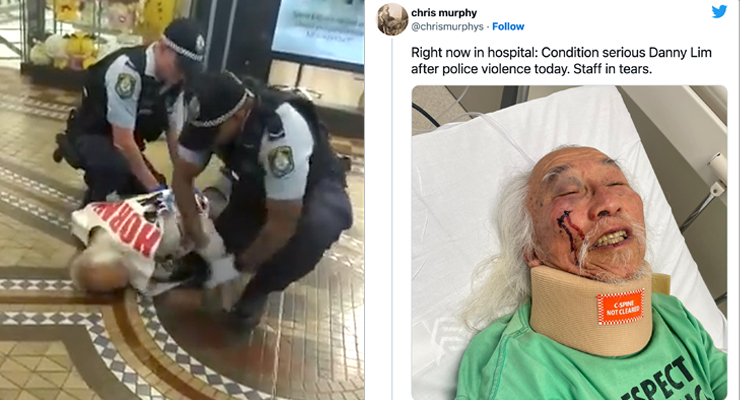 Protester Danny Lim being arrested by two police officers and then later in hospital (Images: Chris Murphy/Twitter)