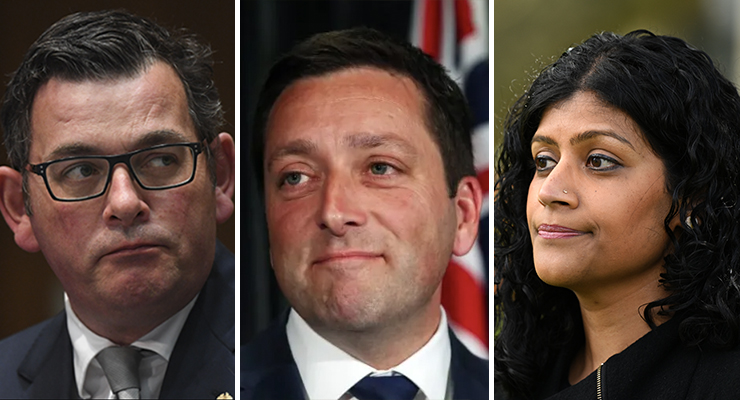 Daniel Andrews, Matthew Guy and Samantha Ratnam (Images: AAP)