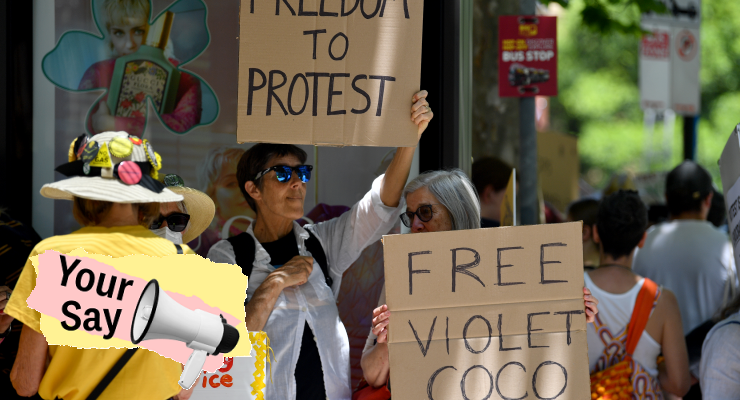 Supporters of Violet Coco protest in Sydney (Image: AAP/Bianca De Marchi/Private Media)