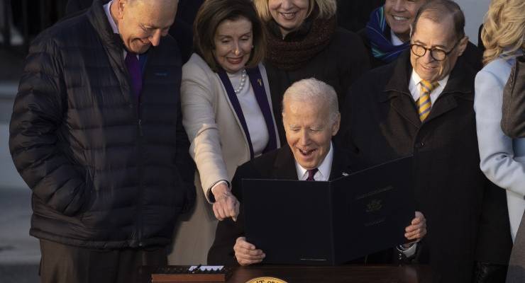 US President Joe Biden with Democrat colleagues Chuck Schumer and Nancy Pelosi