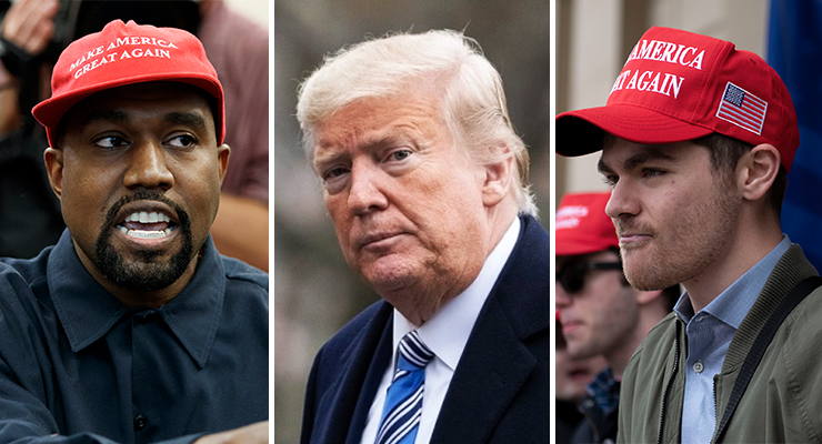 Ye (Kanye West), Donald Trump and Nick Fuentes (Images: AAP)