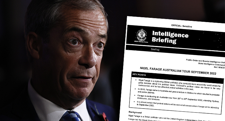 Former UK politician Nigel Farage and a NSW Police document