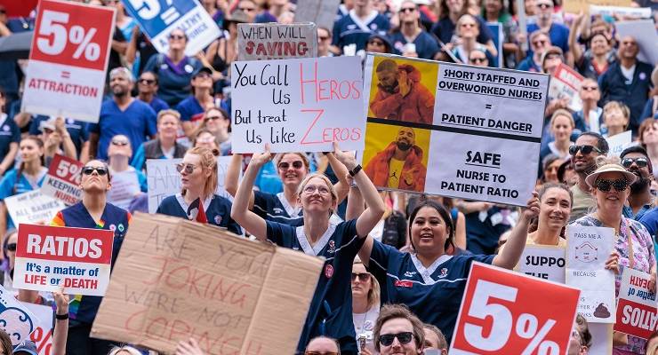 Nursing staff during a strike outside the office of the WA health minister