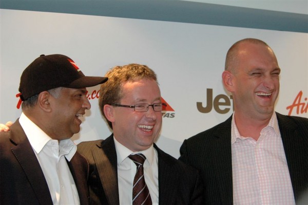 From left, Tony Fernandes, Alan Joyce and Bruce Buchanan after Fernandes jested that he was buying Japan Airlines, photo Peter Ricketts