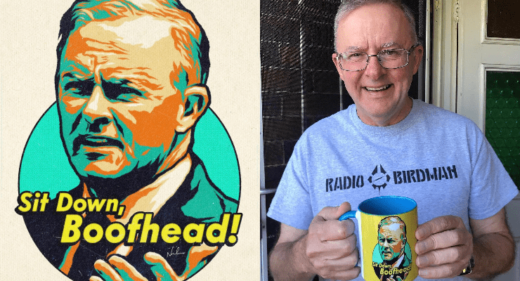 An illustration of Anthony Albanese by artist Nordacious, and a photograph of Albanese holding a mug with the artwork