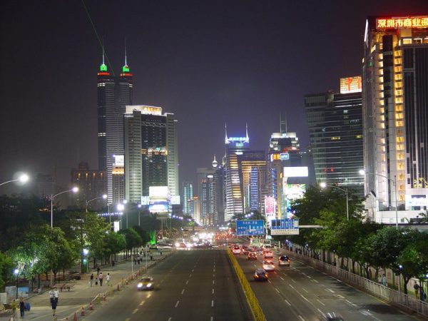 Shenzhen_night_street Shenzhen on a clear night, Wikipedia Commons