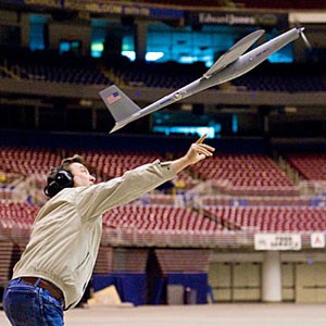 The RM-1 gets hand launched in a St Louis stadium, photo by Boeing