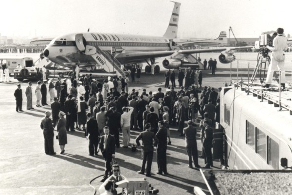 qf-tarmac The first scheduled passenger jet flight from Australia ready to depart live on black and white TV, © Qantas