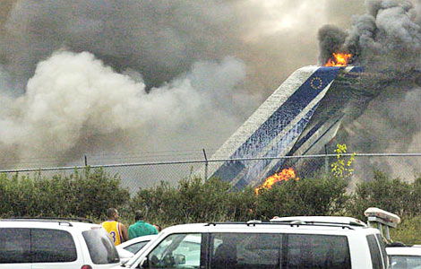 An Air France A340 burns after crash landing at Toronto in 2005