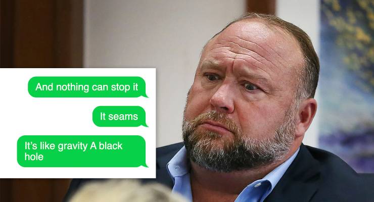 A composite of Alex Jones and some of his leaked text messages