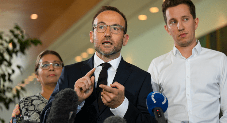 Greens leader Adam Bandt with his housing spokesman Max Chandler-Mather (Image: AAP/Lukas Coch)