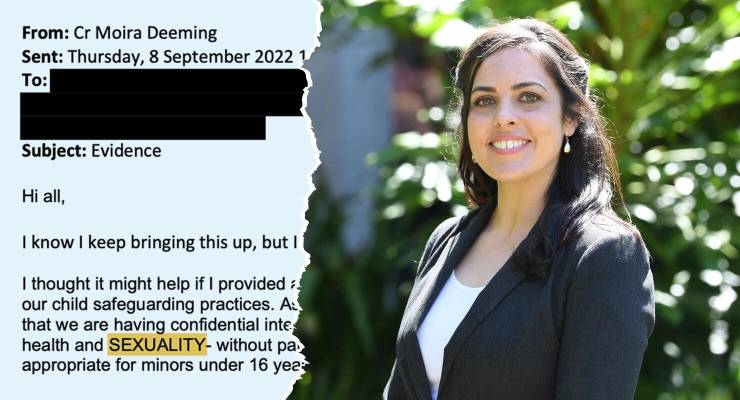 Composite of an excerpt of an email and Moira Deeming (Images: Supplied/AAP)