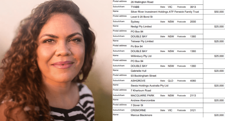 Senator Jacinta Nampijinpa Price and material for Advance's campaign against the Voice to Parliament and Advance's political donation disclosure (Image: Advance/Australian Electoral Commission)