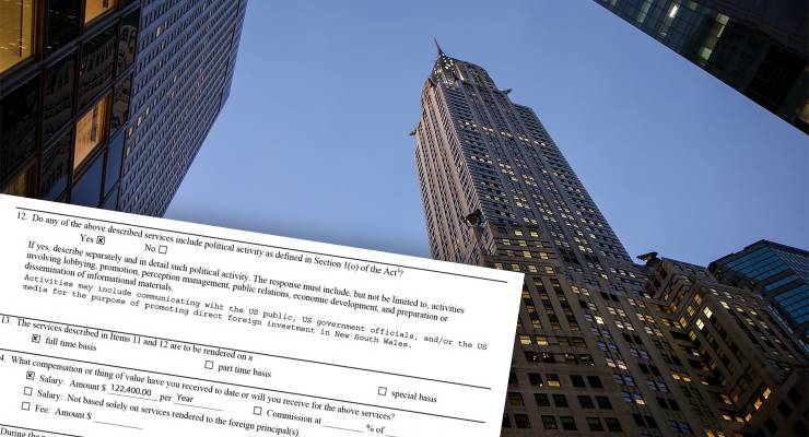 Detail from a document the NSW government lodged with the US Department of Justice, and the Chrysler Building in New York City (Image: US Justice Department/AAP)