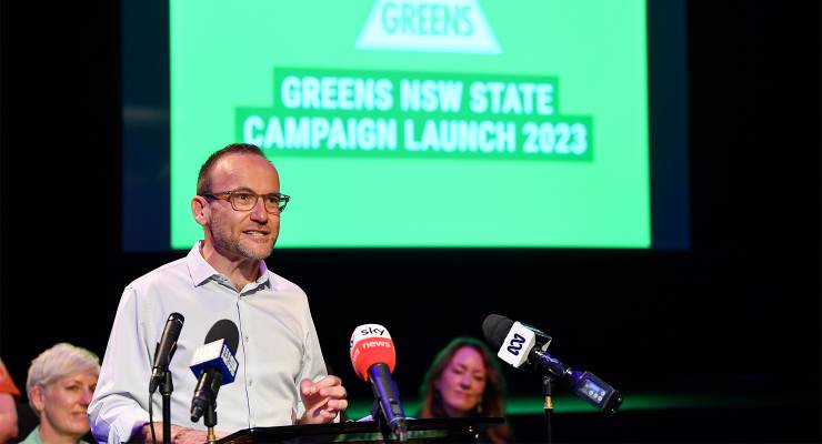 Greens Leader Adam Bandt speaks during the NSW Greens' campaign launch event in Sydney (Image: AAP/Bianca De Marchi)