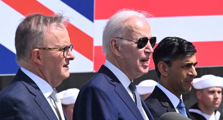 Prime Minister Anthony Albanese, US President Joe Biden and UK Prime Minister Rishi Sunak at Point Loma naval base in San Diego (Image: AAP/Leon Neal)