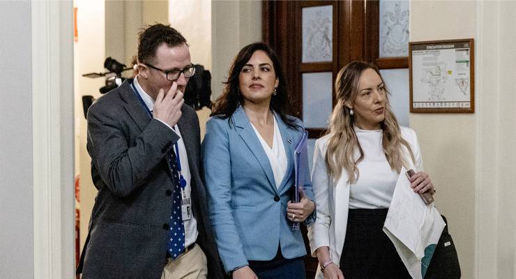 MP Moira Deeming arrives at the Parliament of Victoria in Melbourne (Image: AAP/Diego Fedele)
